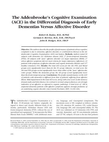 The Addenbrooke's Cognitive Examination (ACE) in the Differential ...