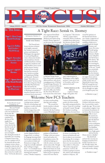 Welcome New FCS Teachers A Tight Race: Sestak vs. Toomey