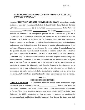 acta modificatoria de los estatutos sociales del consejo comunal