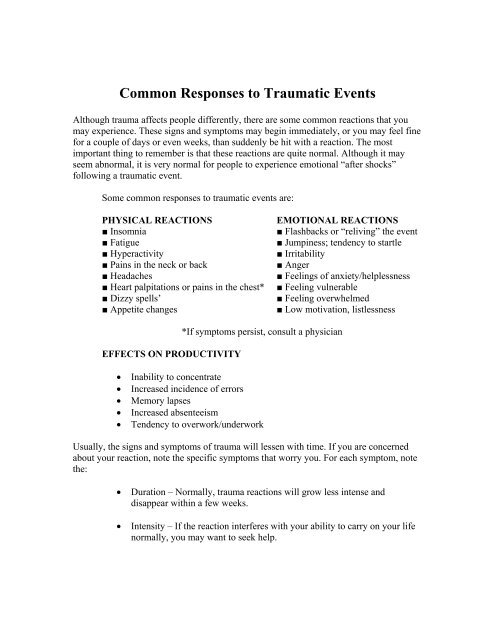 Common Responses to Traumatic Events