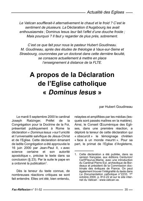 « Dominus Iesus » - Faculté Libre de Théologie Évangélique