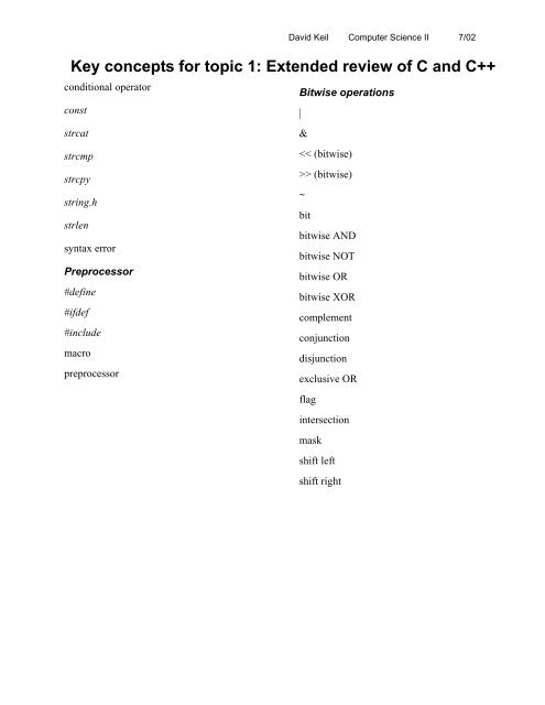 Key concepts for topic 1: Extended review of C and C++