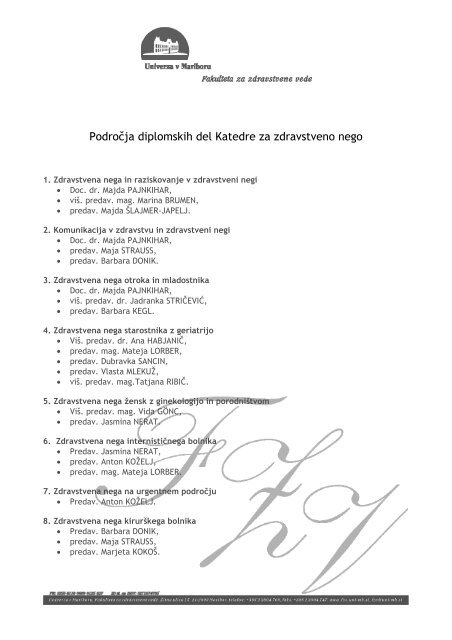 Področja diplomskih del Katedre za zdravstveno nego