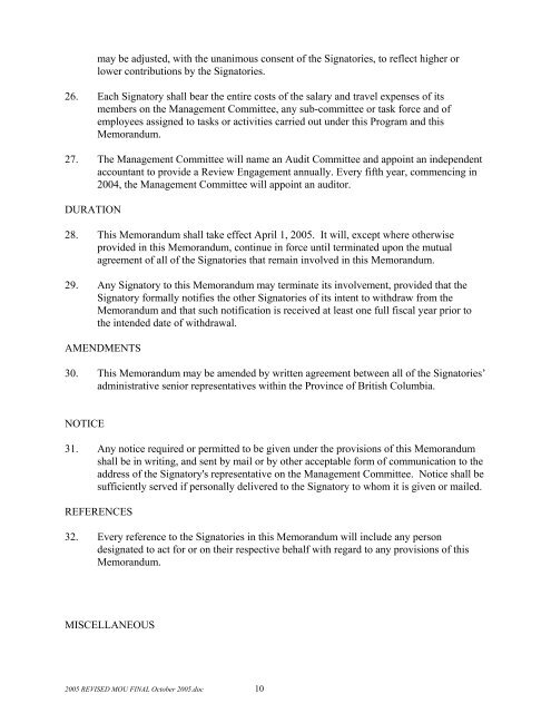 memorandum of understanding respecting the coordinated ...