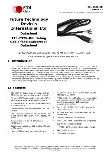 TTL-232R-RPi Debug Cable for Raspberry Pi Datasheet - FTDI