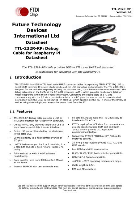 TTL-232R-RPi Debug Cable for Raspberry Pi Datasheet - FTDI