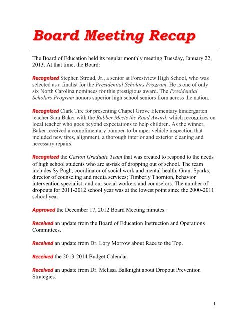 Board Meeting Recap - January 22, 2013.pdf - Gaston County Schools