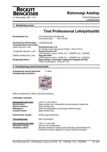 Biztonsági Adatlap Tiret Professional Lefolyótisztító - Galatea Kft.