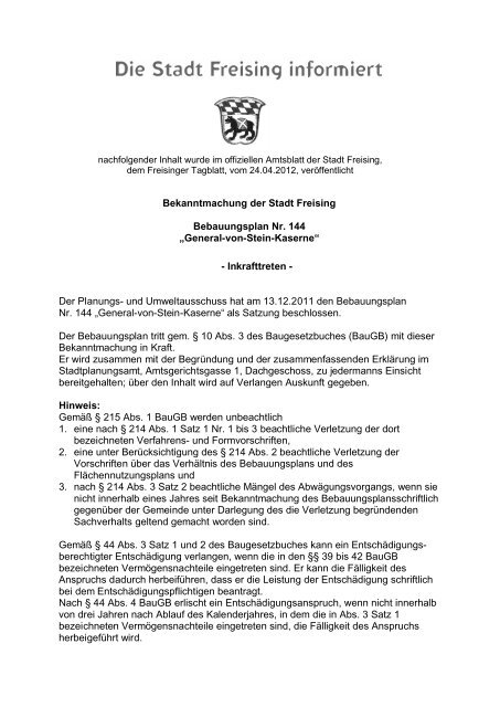 Bekanntmachung der Stadt Freising Bebauungsplan Nr. 144 ...