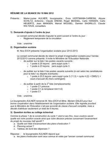 RÉSUME DE LA SEANCE DU 10 MAI 2012 Présents ... - Frisange