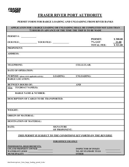 Permit for Barge Loading or Unloading from River Banks