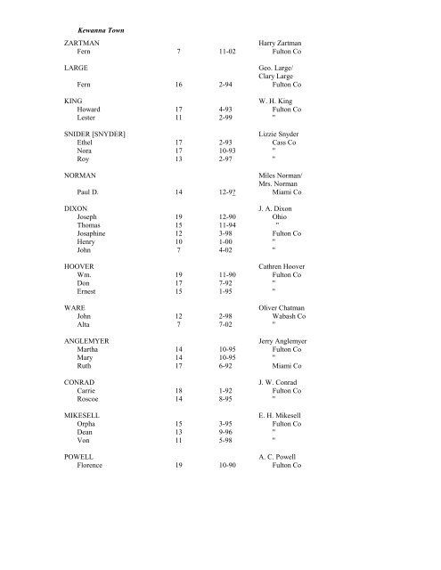 FULTON COUNTY INDIANA SCHOOL ENUMERATION 1910