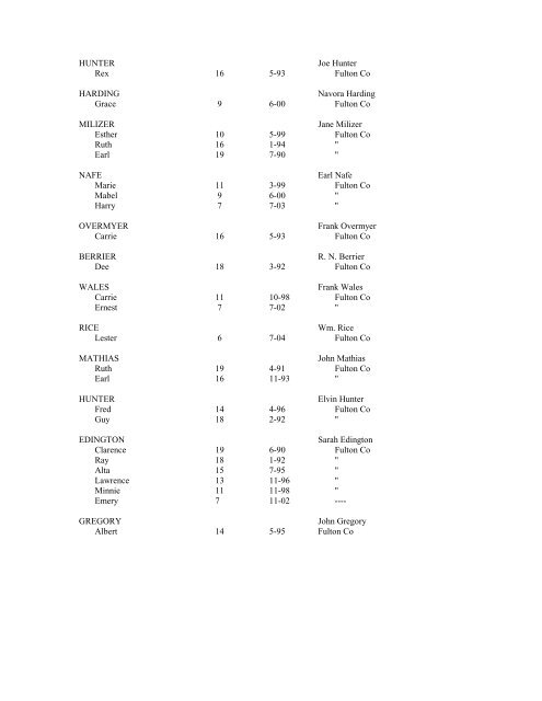 FULTON COUNTY INDIANA SCHOOL ENUMERATION 1910