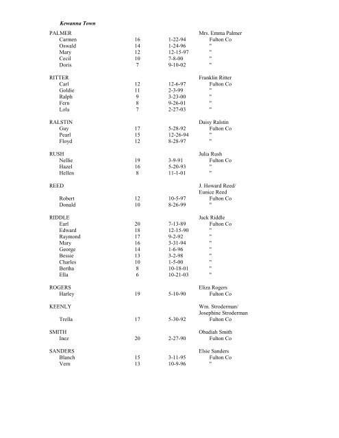 FULTON COUNTY INDIANA SCHOOL ENUMERATION 1910