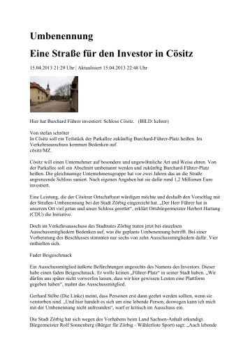 Umbenennung Eine Straße für den Investor in Cösitz