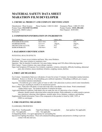 MATERIAL SAFETY DATA SHEET MARATHON FILM DEVELOPER