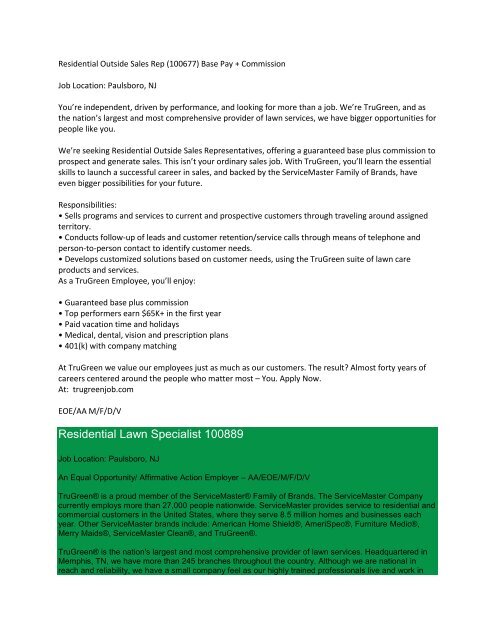 Sales Rep Outside Residential - TruGreen
