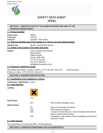 SAFETY DATA SHEET APEEL - Evans Vanodine International plc