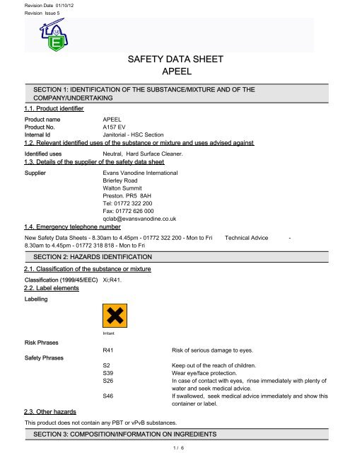 SAFETY DATA SHEET APEEL - Evans Vanodine International plc