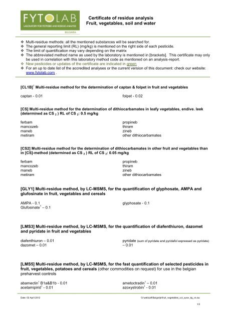 Certificate of residue analysis Fruit, vegetables, soil and ... - Fytolab