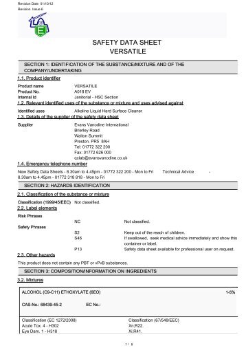 SAFETY DATA SHEET VERSATILE - Evans Vanodine International plc