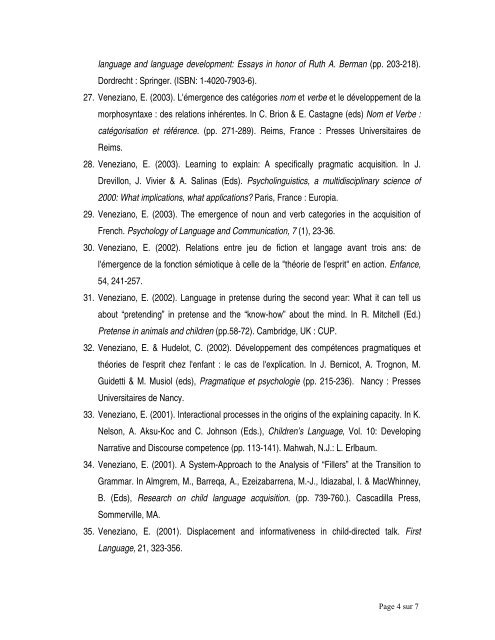 Liste des publications et confénces - Professeure Edy Veneziano
