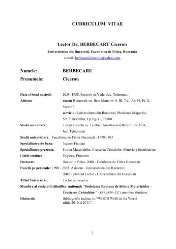 CURRICULUM VITAE Lector Dr. BERBECARU Ciceron Numele ...