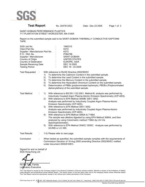 Test Report - Saint-Gobain Performance Plastics Foams