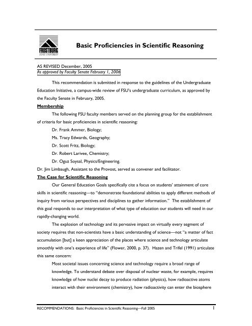 Basic Proficiencies in Scientific Reasoning - Frostburg State University