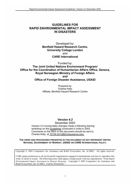 Guidelines for Rapid Environmental Impact Assessment in Disasters