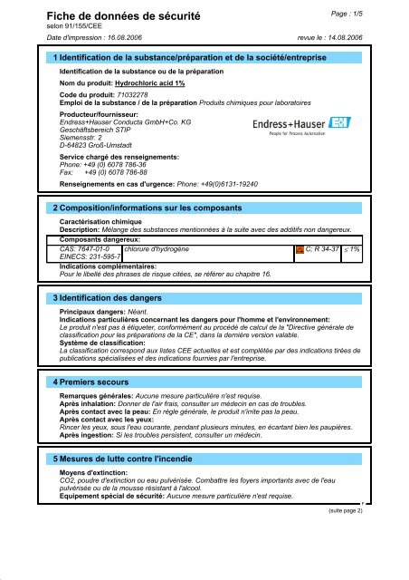 Fiche de données de sécurité - Endress+Hauser