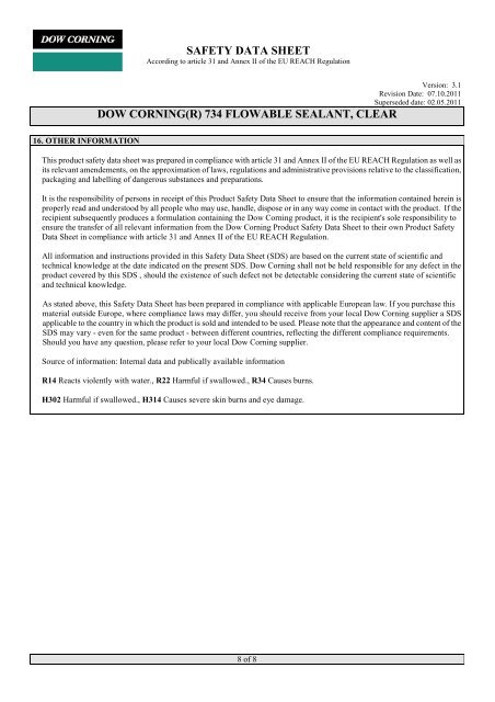 safety data sheet dow corning(r) 734 flowable ... - Forbo Siegling