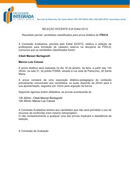 SELEÇÃO DOCENTE EJA Edital 02/12 Resultado parcial ... - FISMA
