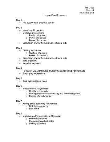 Polynomial Unit Lesson Plan Sequence - Franklin College