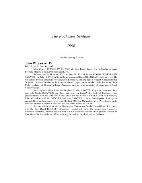 The Rochester Sentinel 1996 - Fulton County Public Library