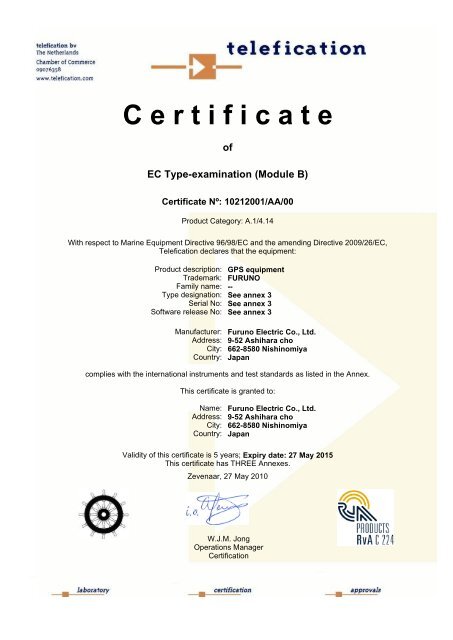 Gp150 Type Acceptance Telefication Certificate Furuno Usa