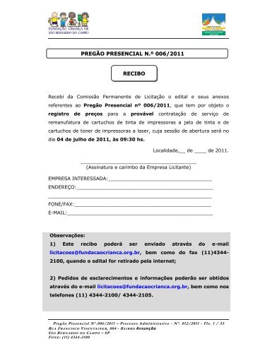 recibo pregão presencial n.º 006/2011 - Fundação Criança de São ...
