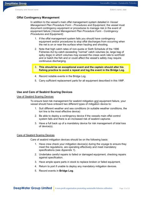 Vessel Management Plan