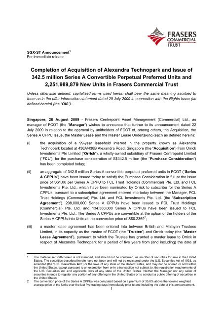 Completion of Acquisition of Alexandra Technopark and Issue of ...