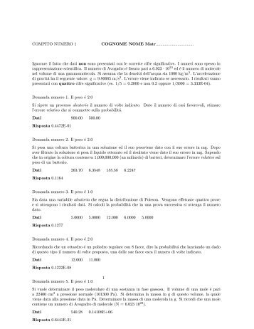 COMPITO NUMERO 1 COGNOME NOME Matr ... - Fisica