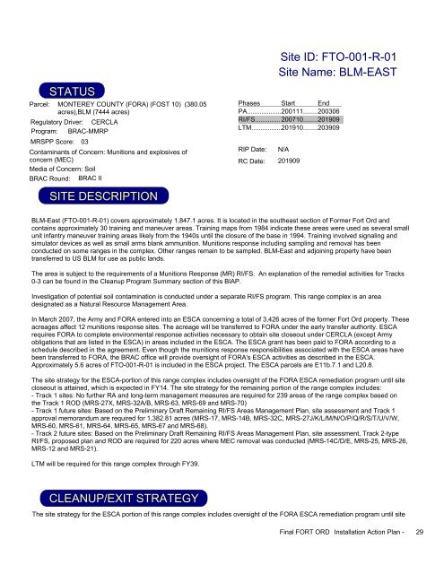 FY2009 - Former Fort Ord - Environmental Cleanup