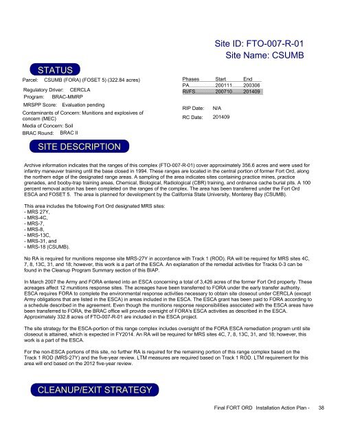 FY2009 - Former Fort Ord - Environmental Cleanup