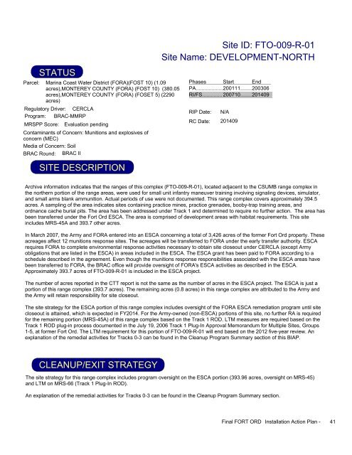 FY2009 - Former Fort Ord - Environmental Cleanup