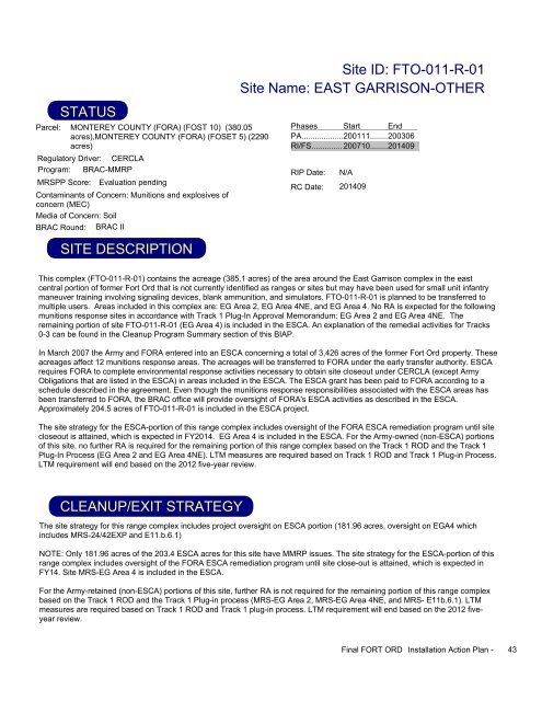 FY2009 - Former Fort Ord - Environmental Cleanup