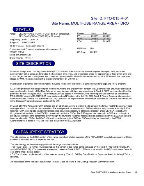 FY2009 - Former Fort Ord - Environmental Cleanup