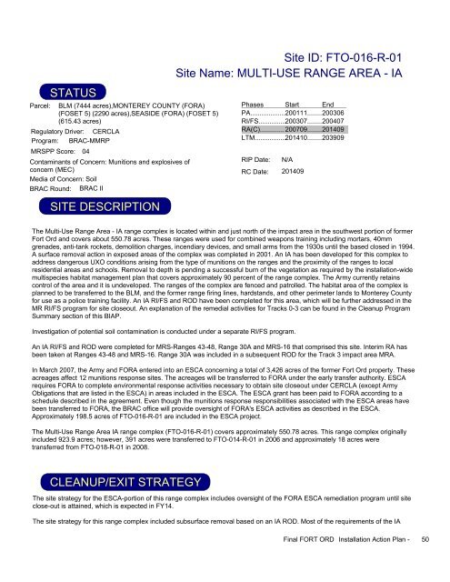 FY2009 - Former Fort Ord - Environmental Cleanup