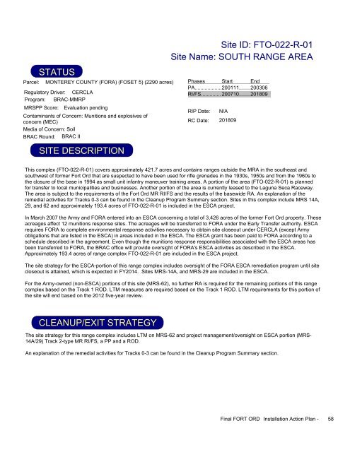 FY2009 - Former Fort Ord - Environmental Cleanup