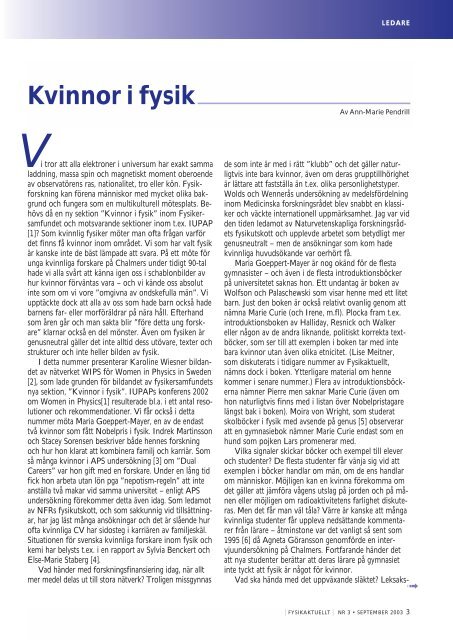 Fysikaktuellt September 2003, Kvinnor i fysik - Svenska ...