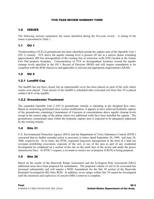 Final Second Five-Year Review Report Fort Ord Superfund Site ...