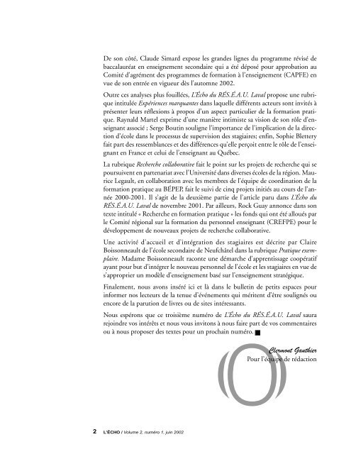 ÉCHO du RÉS.E.A.U Laval, volume 2, numéro 1 - Faculté des ...